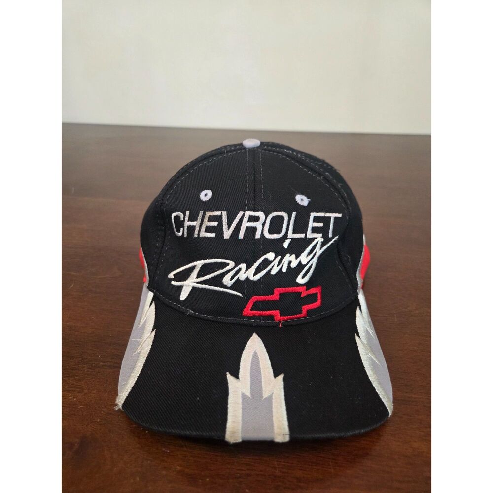 Vintage Chevrolet Racing Hat Cap Black Red Flames Embroidered Bowtie Chevy Y2K